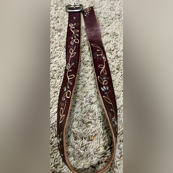 FOSSIL Belt Leather Floral Metal Embellished Embroidered Boho Women’s Size MED - Picture 2 of 9